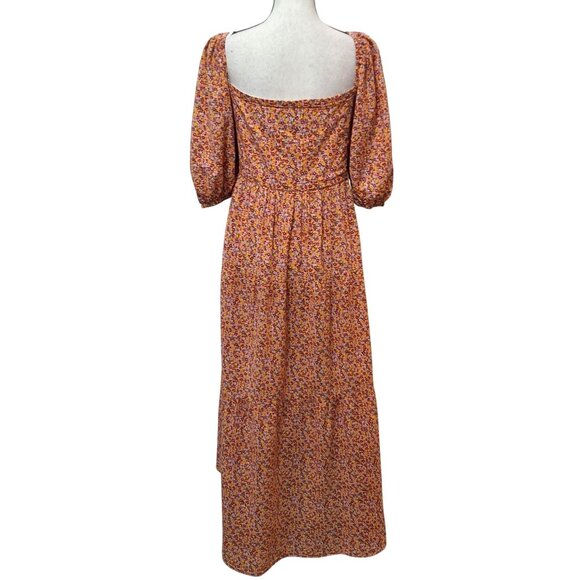 MinkPink Womens L Orange Multicolor Ditzy Floral Peasant Midi Dress - Picture 5 of 11